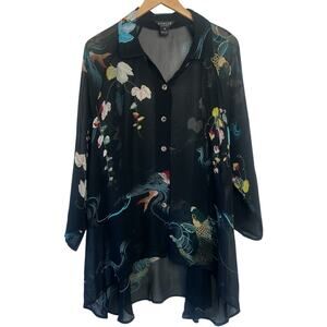 Citron Santa Monica Tunic Top Black Silk Koi Fish Floral Print Women's Size 0X